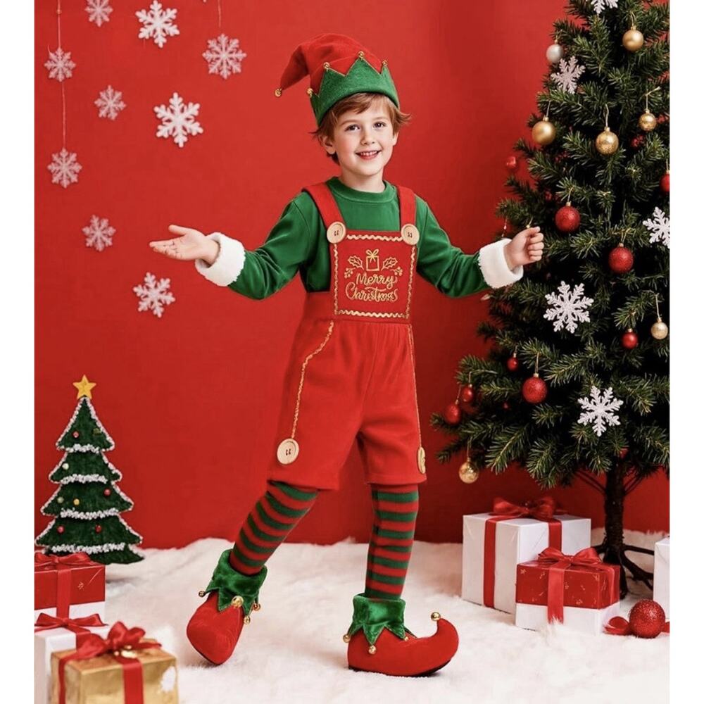 Kids Christmas Elf Costume Set 7-8 Years Red Green Hat Shoes Socks - Picture 3 of 9